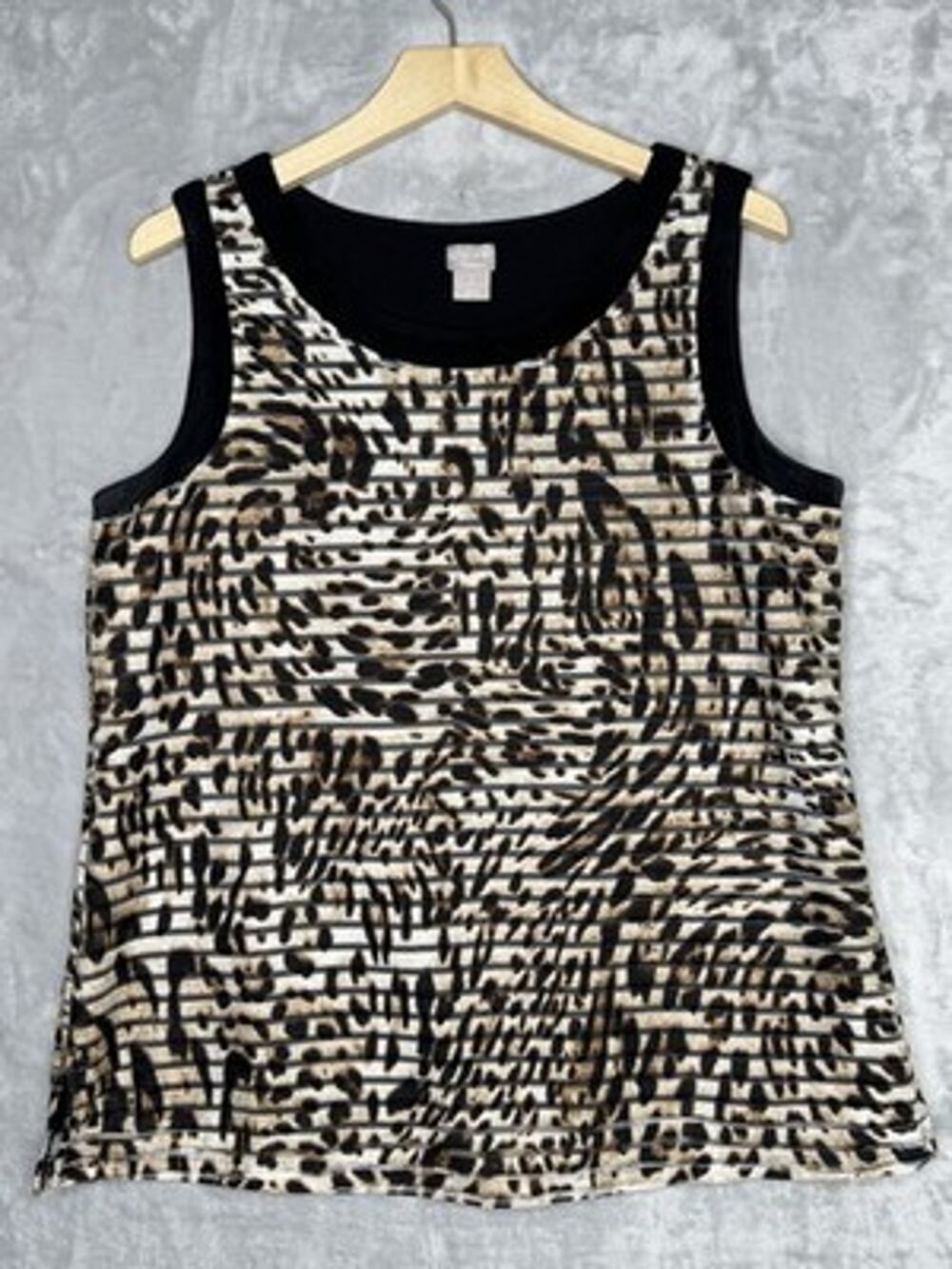 Chico's Travelers Tank Top Womens 12/14 Brown Animal Print Tunic Stretch Leopard